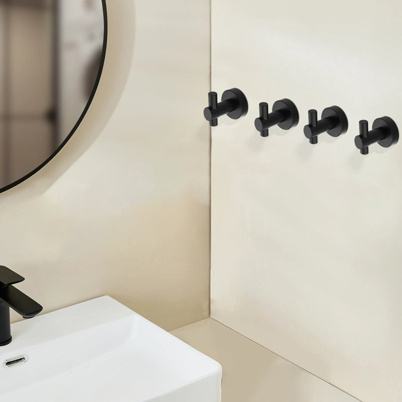 4 Pieces J-Hook Round Base Wall-Mount Robe/Towel Hook In Matte Black