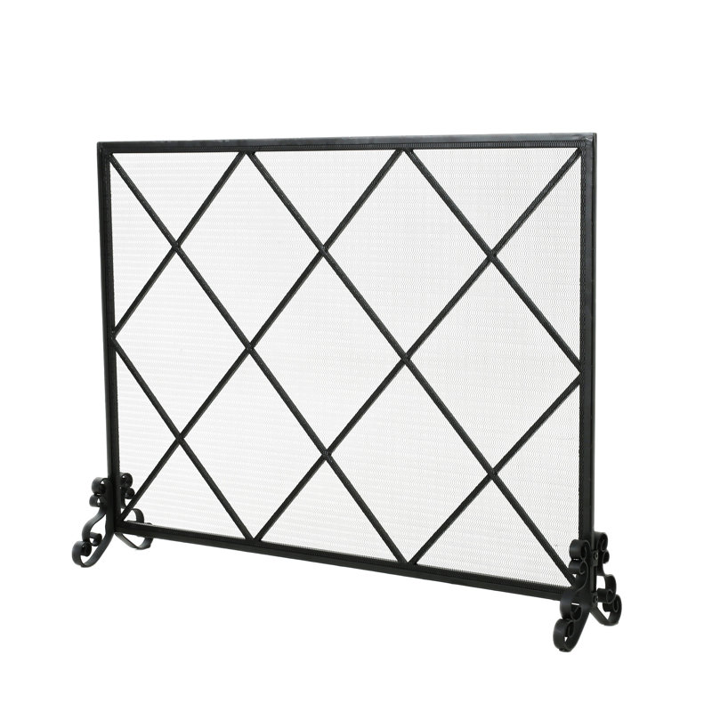 Single Panel Iron Fireplace Screen - Minimalist Modern Diamond, 41.22" X 8.83" 32.36", Black Finish Contemporary Diamond Look, 41.5"W 8.9"D 32.1"H,