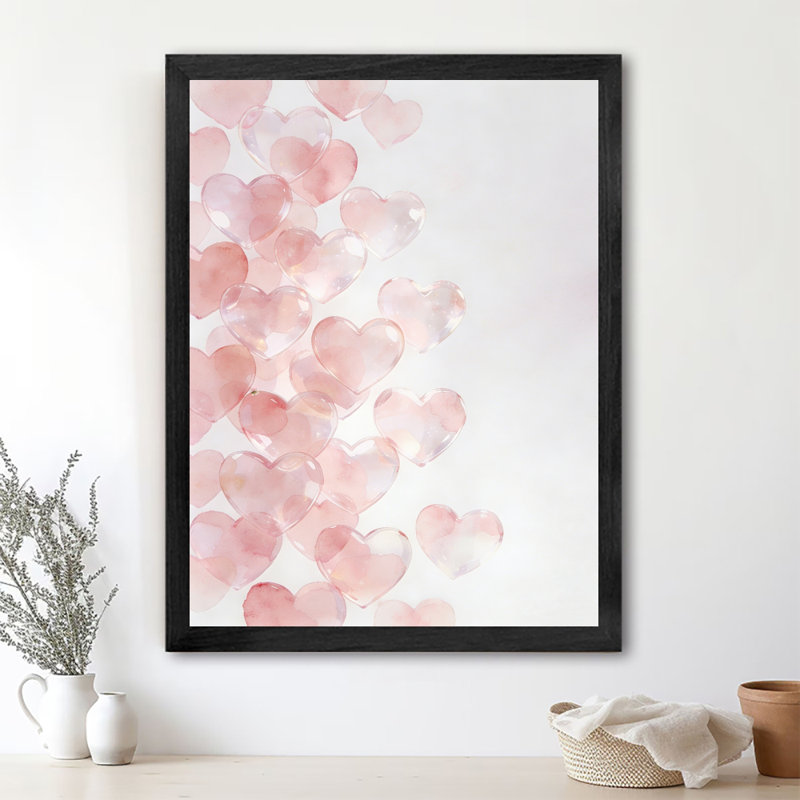 Aquarelle encadrée noire, ballons de cœur, impression amour, impression sur le thème de la Saint-Valentin, H 25 po x l 17 po