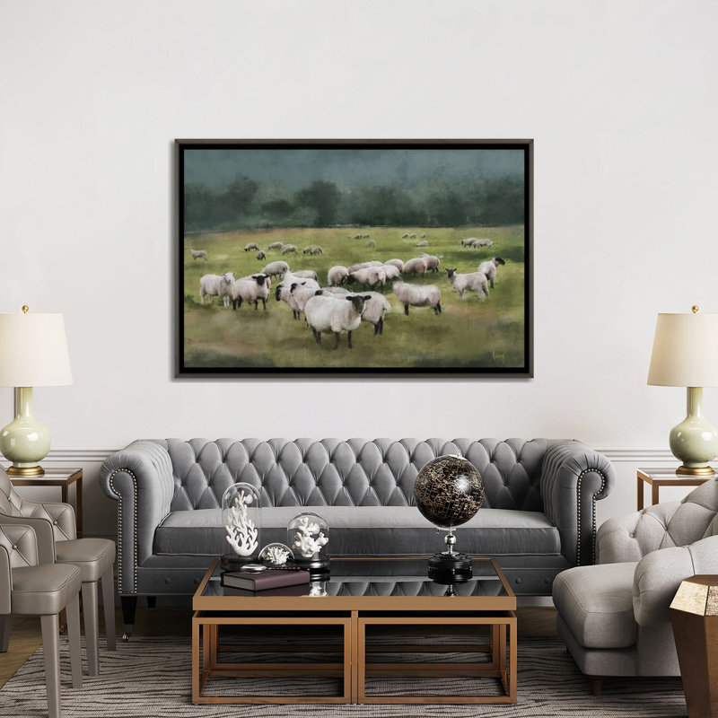Moody Sheepscape, Toile avec cadre flottant foncé en bois rustique, Pas de tapis, H 40 po x l 60 po x P 1,5 po