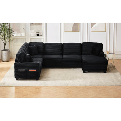 Canapé modulaire 125,2 po en forme de U noir avec pochettes de rangement amovibles intégrées et revêtement en velours côtelé pour un décor polyvalent et confortable 125,5 po, velours côtelé assorti Family Time