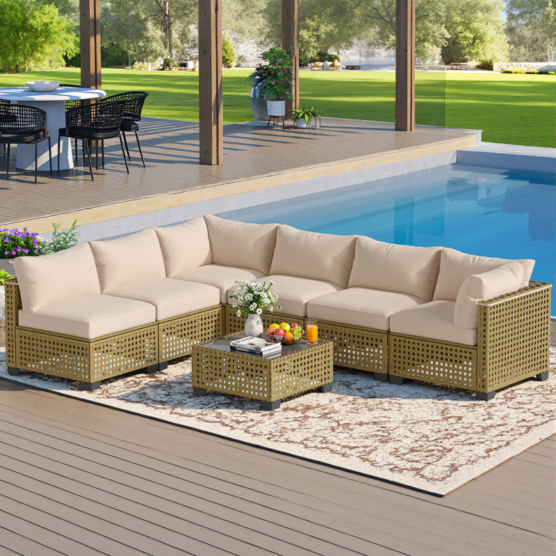 Outdoor 7-Piece Modular Rattan Patio Conversation Set with Cushions