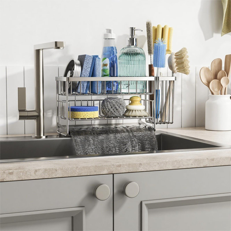 Silver 2-Tier Kitchen Sink Caddy Organzier Rack with Flexible Dish Brush Holder, Sponge Holder for Kitchen Sink Countertop Organization Storage