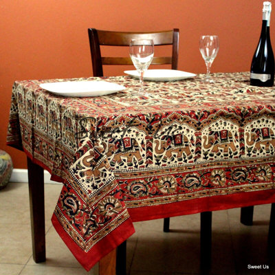 Block Print Elephant Cotton Paisley Floral Tablecloth Rectangle