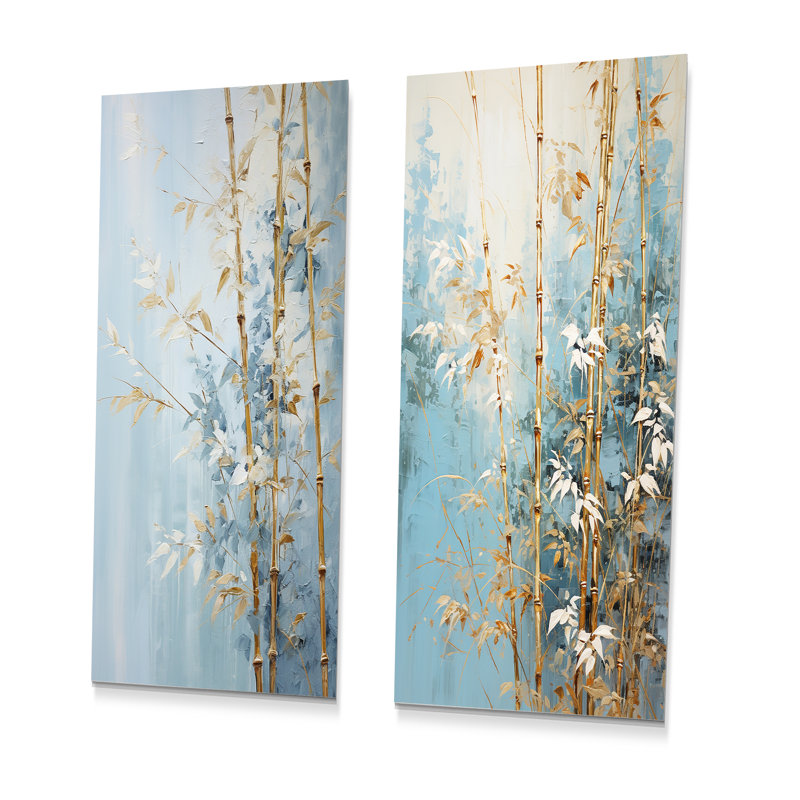 Bambou doré et bleu - ensemble de 2 reproductions d'art mural en métal de bambou, H 32 po x l 32 po