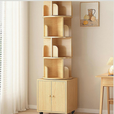 Rotating Bookshelf, 360 Degree Display 5 Tier Corner Bookshelf with Drawer, Floor Standing Bookcase Storage Rack, Wood Narrow Book Shelf Organizer