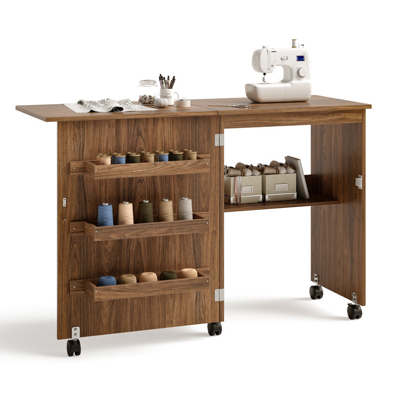 Nagisa 119cm x 40cm Foldable Sewing Table with Sewing Machine Platform and Wheels, Brown