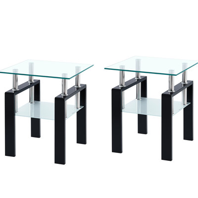 Table d'appoint de salon en verre trempé, 2. Plateau transparent. Design carré épuré. Plateau de 8 mm, tablette de 5 mm. 45,4 cm x 51,2 cm. 9,3 kg. Montage facile. Design moderne et compact. 45,4 cm x 45,4 cm x 51,2 cm. Simple