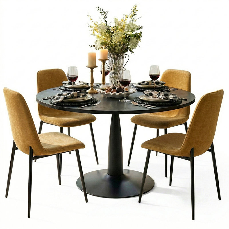 4 - Person Dining Table Sets With Round Table & 4 Upholstered Chenille Chairs, Gold