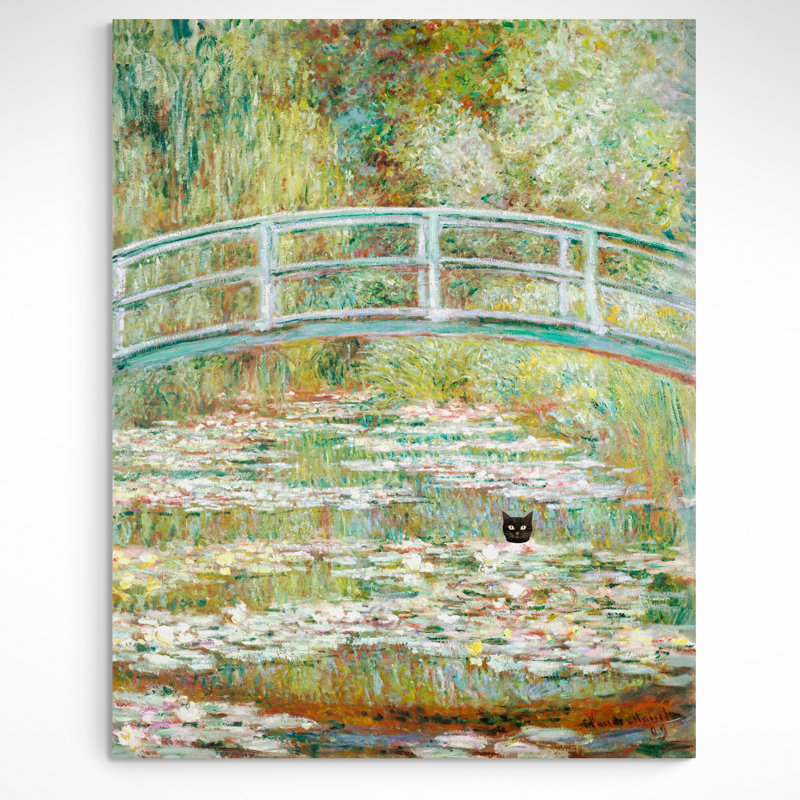 Bridge over a Pond of Water Lilies with Black Cat by Claude Monet - 1 Piece Wrapped Canvas Wall Art, 117cm H x 81cm W