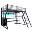 Lit mezzanine double en métal pleine grandeur avec bureau intégré, garde-robe ouverte et rangement à DEL pour une chambre d'étude, installation moderne