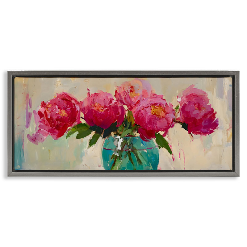 Vibrant Peonies Vase Floating Frame, design by LSR Creative Studio, Luster Gray Floater Frame, 11" H x 25" W