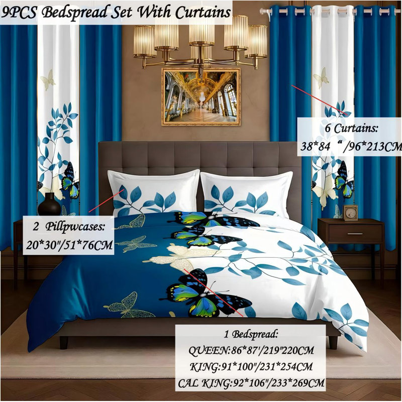 Ensemble de couvre-lit à motif papillon avec rideaux assortis, très grand, bleu