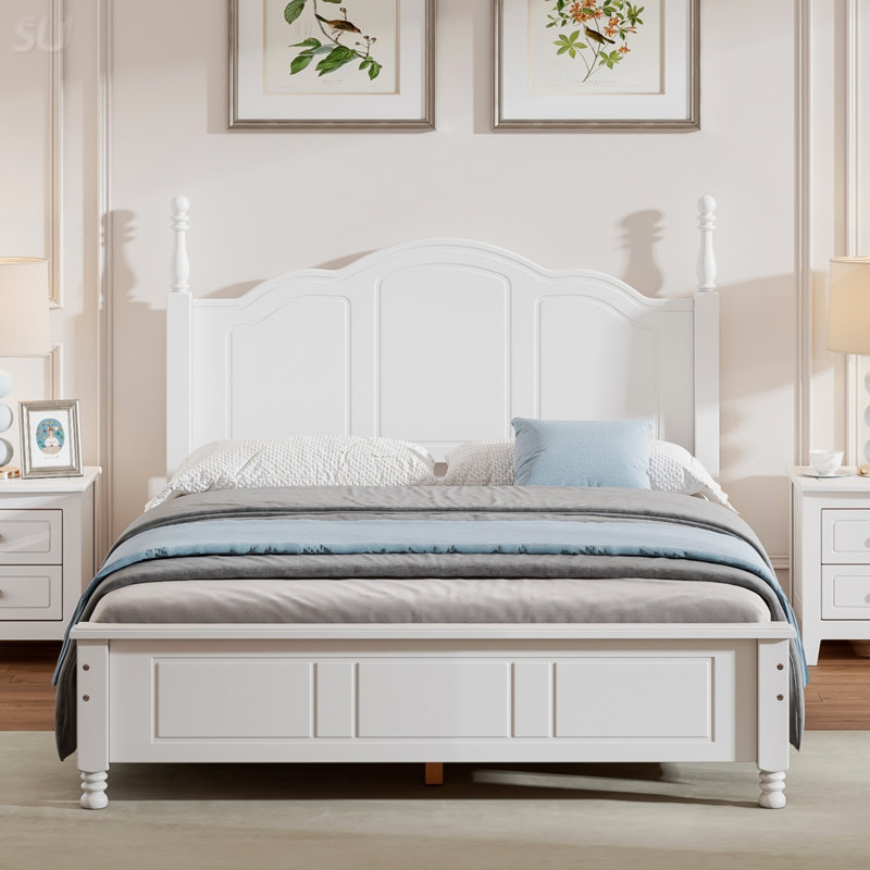 Taille du lit plateforme en bois, lit plateforme de style rétro avec support en lattes de bois, lit, Blanc, Lit double