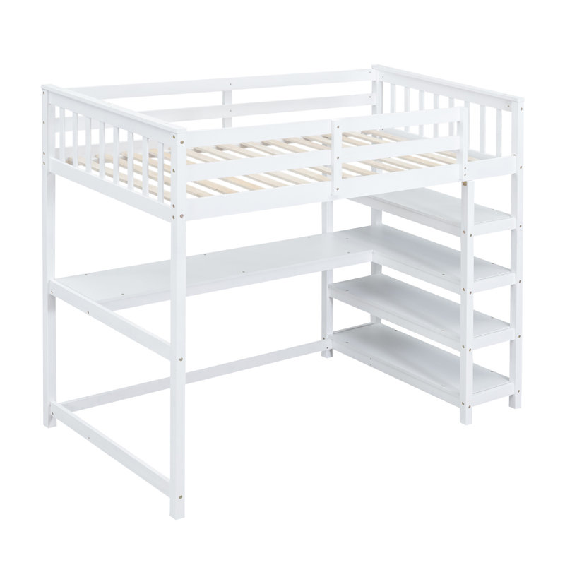 Lit mezzanine avec tablettes de rangement et bureau sous le lit, Simple, Blanc