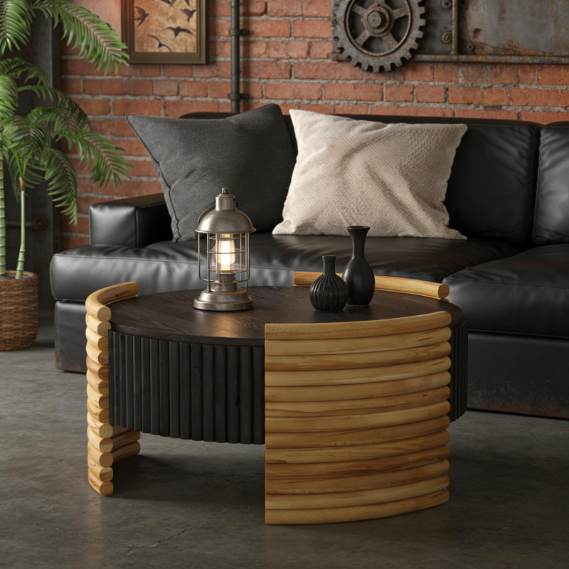 Table basse 31,5 "moderne à blocs de couleurs avec rangement rabattable, table d'appoint en bois rayé au fini naturel