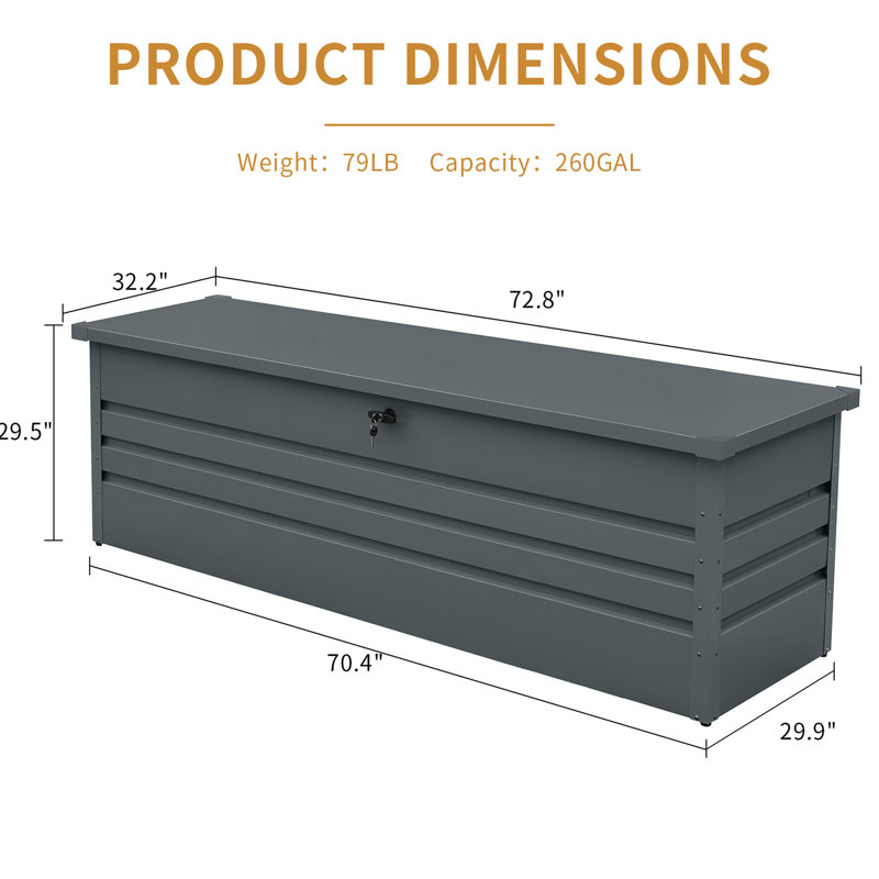 Coffre de terrasse en métal 260 gallons - imperméable et verrouillable. Très grand rangement pour patio, jardin, piscine. Gris foncé Variabilité du temps. Option de fermeture de l'utilisateur. Conception de table polyvalente. Assemblage simple