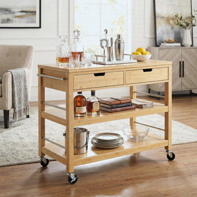 Chariot-bar d'intérieur multifonctionnel en bambou naturel avec roulettes verrouillables, tiroirs et tablettes ouvertes - idéal pour la cuisine, la salle à manger et les réceptions