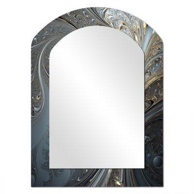 Mystical Universe In Mysterious Blue And Gold I - Fractals Arch Decorative Mirror, Modern Asymmetrical Wall Mirror, Printed Metal Art