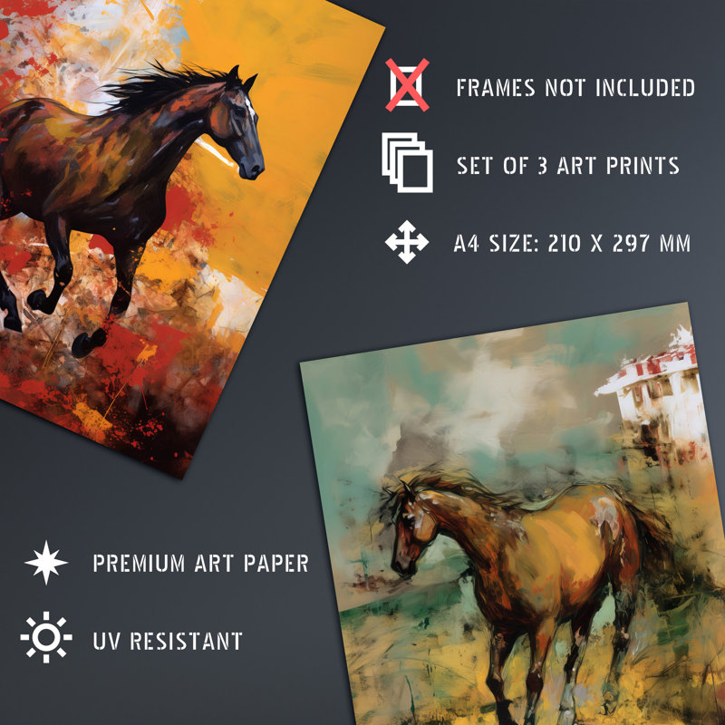 Wild Horses Oil Galloping Wilderness Earthy Tones - 3 Piece No Frame Print Set, 29.7cm H x 21cm W x 0.4cm D