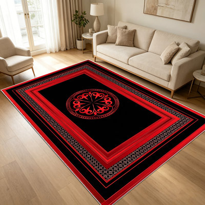 Tapis à motif de médaillon géométrique rouge bohémien rétro de 1 pièce pour le salon, doux et confortable, adapté à toutes les saisons, facile à entretenir, lavable à la machine, tapis de ferme sous la table convenant à la salle à manger, la chambre à coucher,