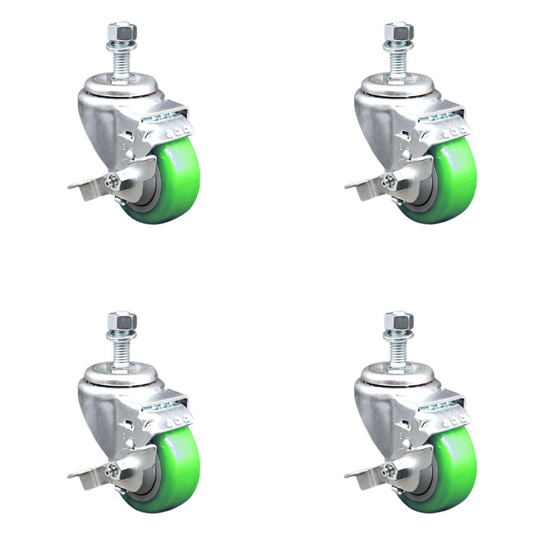 Ensemble de roulettes à tige filetée en polyuréthane pivotant 12 mm 3 pouces avec frein SCC, Vert