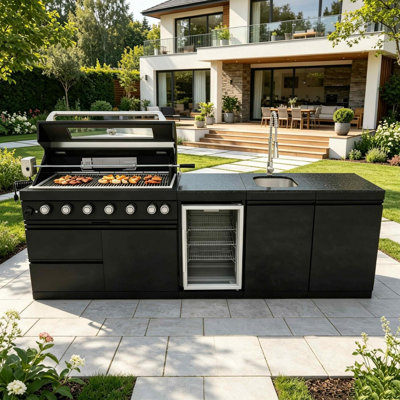 101" W 6-Burner Propane Gas Grill Island with Rotisserie and Outdoor Rated Refrigerator and Sink