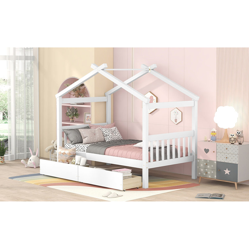 Lit simple en bois avec tiroirs, Blanc