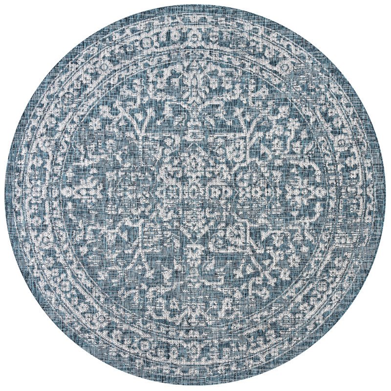 Massimo Bohemian Medallion Textured Weave Teal/Gray Indoor/Outdoor Rug, Round 5'3"