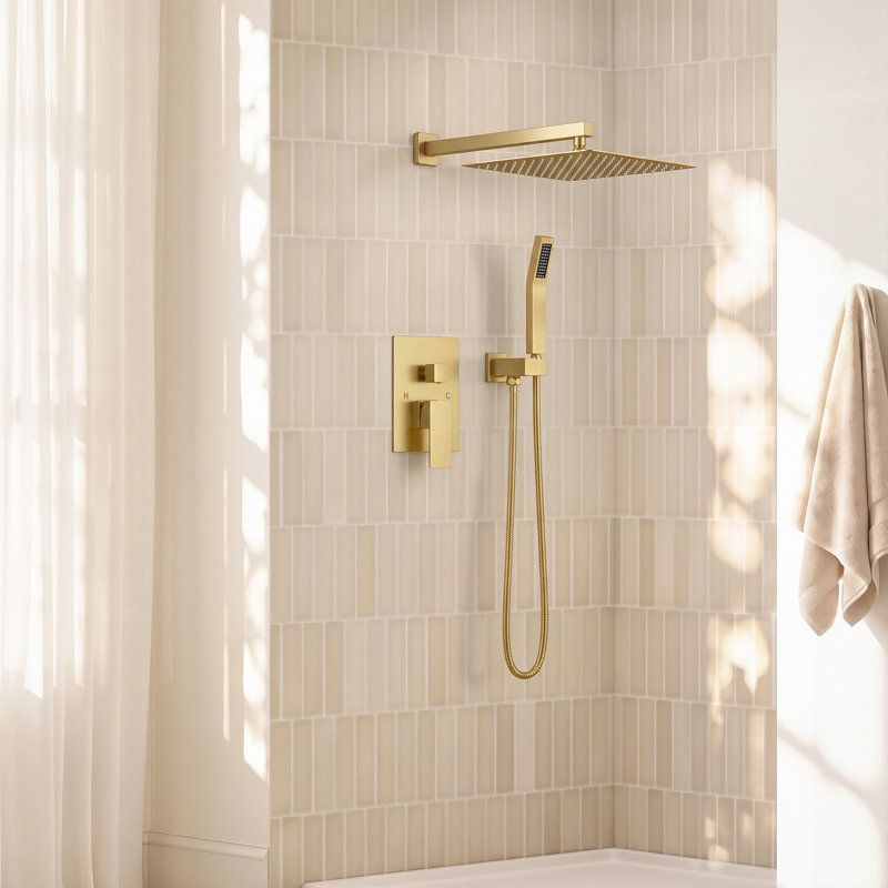 FORIOUS 12-Inch Rainfall Shower System with Handheld Spray and Pressure-Balanced Rough-In Valve, 1.8 GPM, Brushed Gold