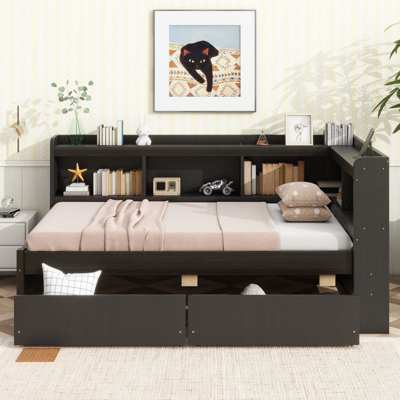 Twin Size L-Shaped Bookcase Bed with Power Outlets, USB & Type-C Ports, 2 Storage Drawers, Space-Saving Design,Espresso, Twin