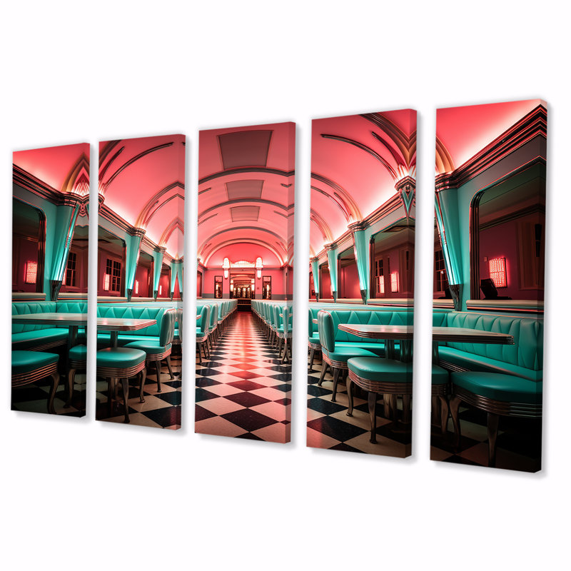 «Pink Nostalgic Tunes Fast Food 1960S Diner - Jukeboxes», art mural 5 pièces, H 28 po x l 60 po