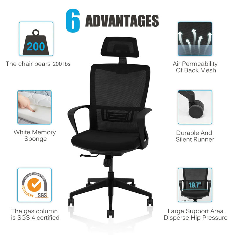 Chaise de bureau ergonomique réglable, chaise d'ordinateur avec hauteur de siège réglable et support lombaire.
