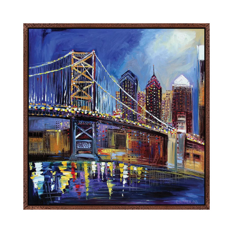 Benjamin Franklin Bridge by Ekaterina Ermilkina - Painting on Canvas, 66.04 cm H x 66.04 cm W, Classic Brown Wood Framed