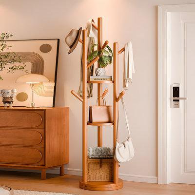 Wooden Rotating Coat Rack Stand For Bedroom - Space Saving Freestanding Clothes Hanger Organizer With Multi-Hook Design