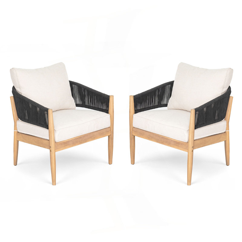 Fauteuil club d'extérieur en bois d'acacia Verona, bois naturel, coussin beige, corde noire