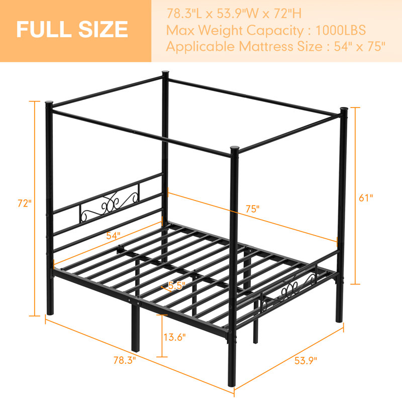 Kylah Metal Full Size Canopy Bed Frame, No Box Spring Needed, Easy Assembly