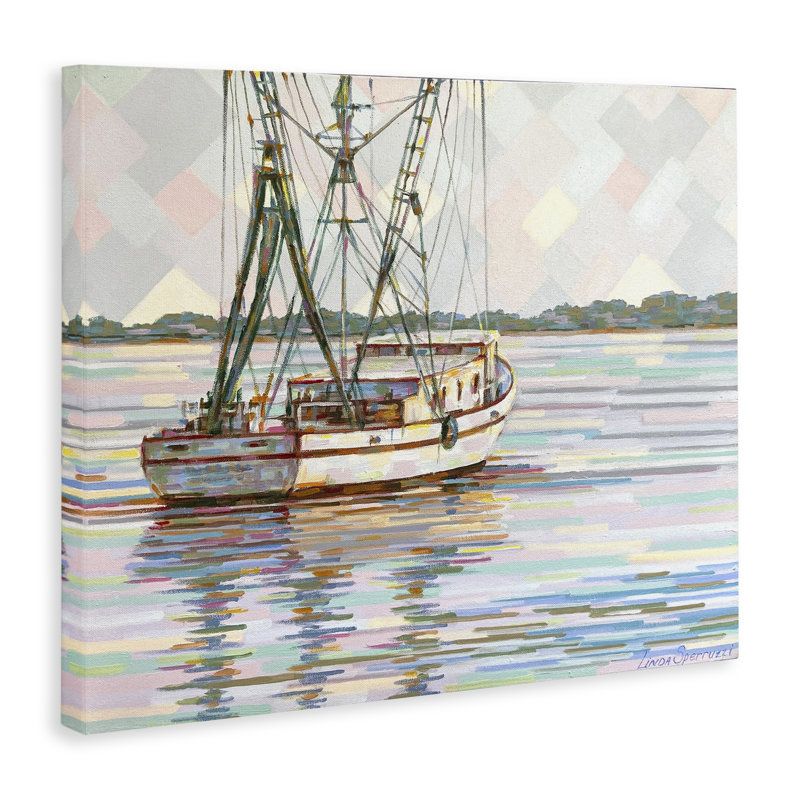 Toile de crevettes sur le San Sebastian, art mural par Linda Sperruche, H 30 po x l 40 po