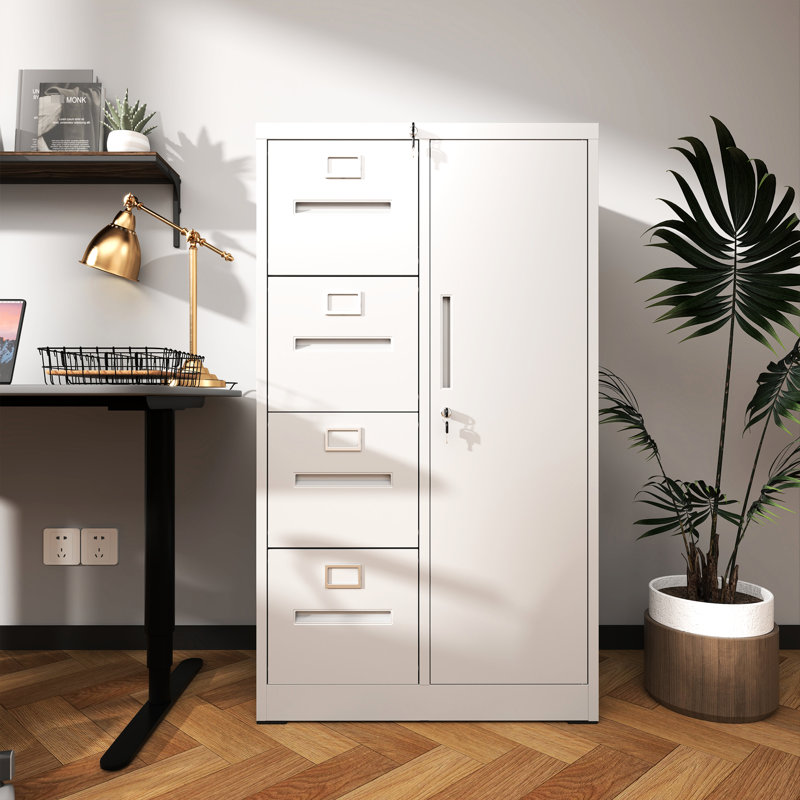 White Metal Storage Cabinet With 4 Drawers And 1 Door For Living Room Office - Smooth Drawer Opening, Silent Tracks, Secure Locking