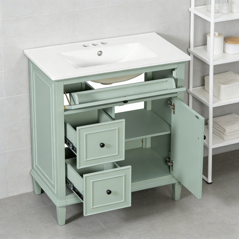 Meuble-lavabo de salle de bain avec lavabo, un tiroir rabattable et deux tiroirs, Vert