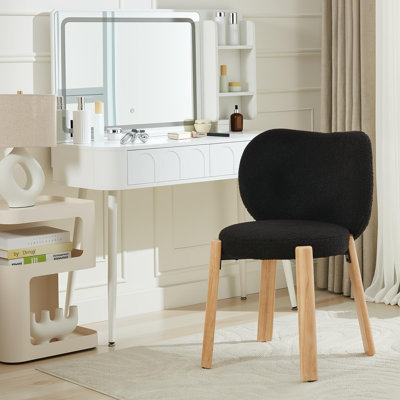 2-Pack Modern Teddy Fabric Vanity Stool with Love Backrest. Makeup Chair with  Wood Legs. Soft Vanity Seat for Bedroom & Dressing Area. Black