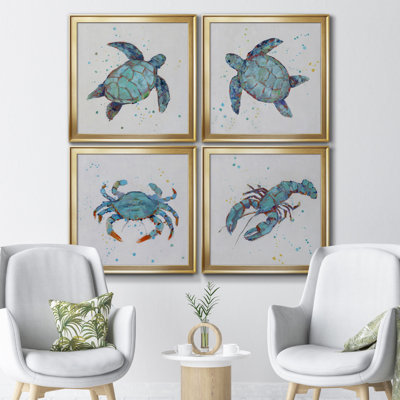 " Bubbly Blue Turtle I " 4 - Pieces Painting Print
