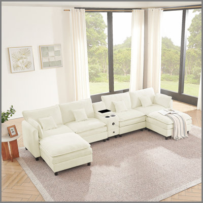 Canapé modulaire modulaire en L avec méridienne réversible, port USB, tiroir de rangement, console avec porte-gobelet rabattable, poches pour accoudoirs et coussins amovibles - beige