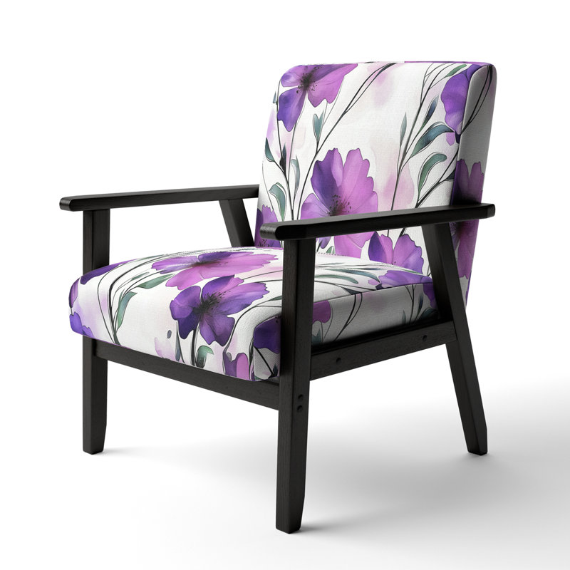 Geidel - Abstract Flowers - Upholstered Traditional Accent Arm Chair, Purple/Green Velvet, Black Square Arms