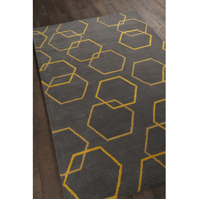 Cloral Authentic Hand-Tufted Handmade Charcoal Yellow Honeycomb Geometric Wool Area Rug