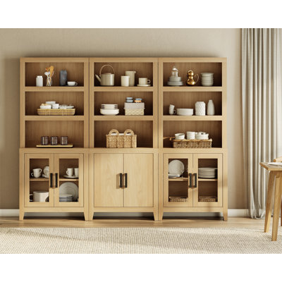 74" Tall Bookshelf With Glass Doors, Large Bookshelf Set Of 3 ,Farmhouse Bookcase With Open Shelves For Living Room, Home Office, Library