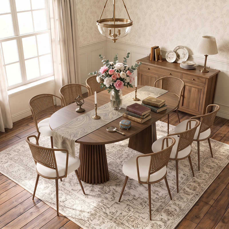 Ensemble table et chaises ovales extensibles (39,37" à 70,87") avec chaises en rotin tressé, Brun
