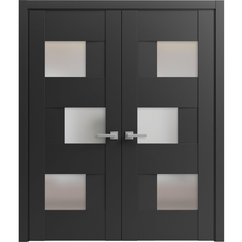 Portes françaises doubles solides | Sete 6933 avec verre givré | Garnitures en bois massif, Noir mat, 72 po x 80 po