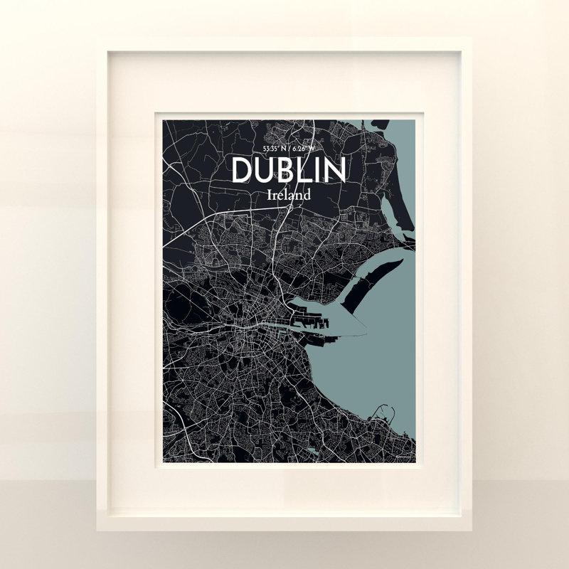 «Dublin City Map», impression de luxe, H 20 po x l 16 po, Gris / noir