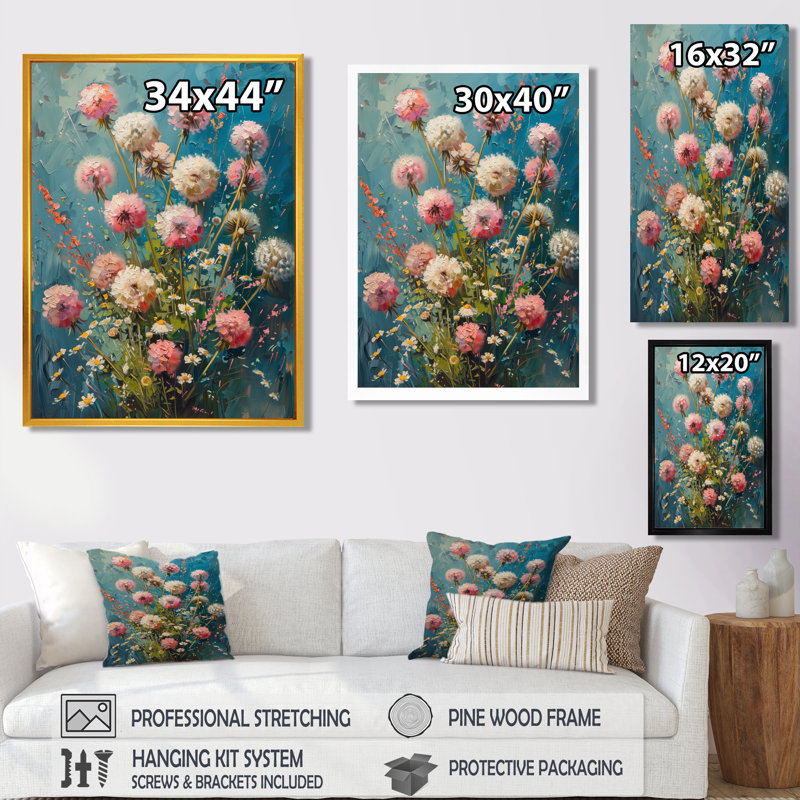 Été rose bleu pissenlit Dream I - Pissenlit, art mural, salon, Toile tendue, H 44 po x l 34 po x P 1,5 po